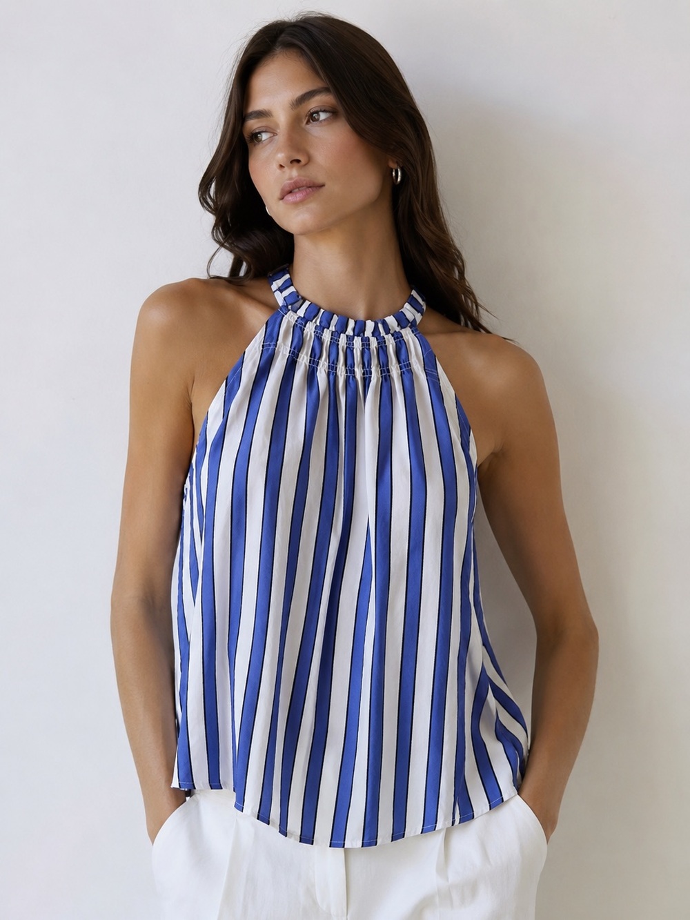 ANN TAYLOR Blue White Stripe Smocked Halter Top Size Small Rayon Blend Blouse